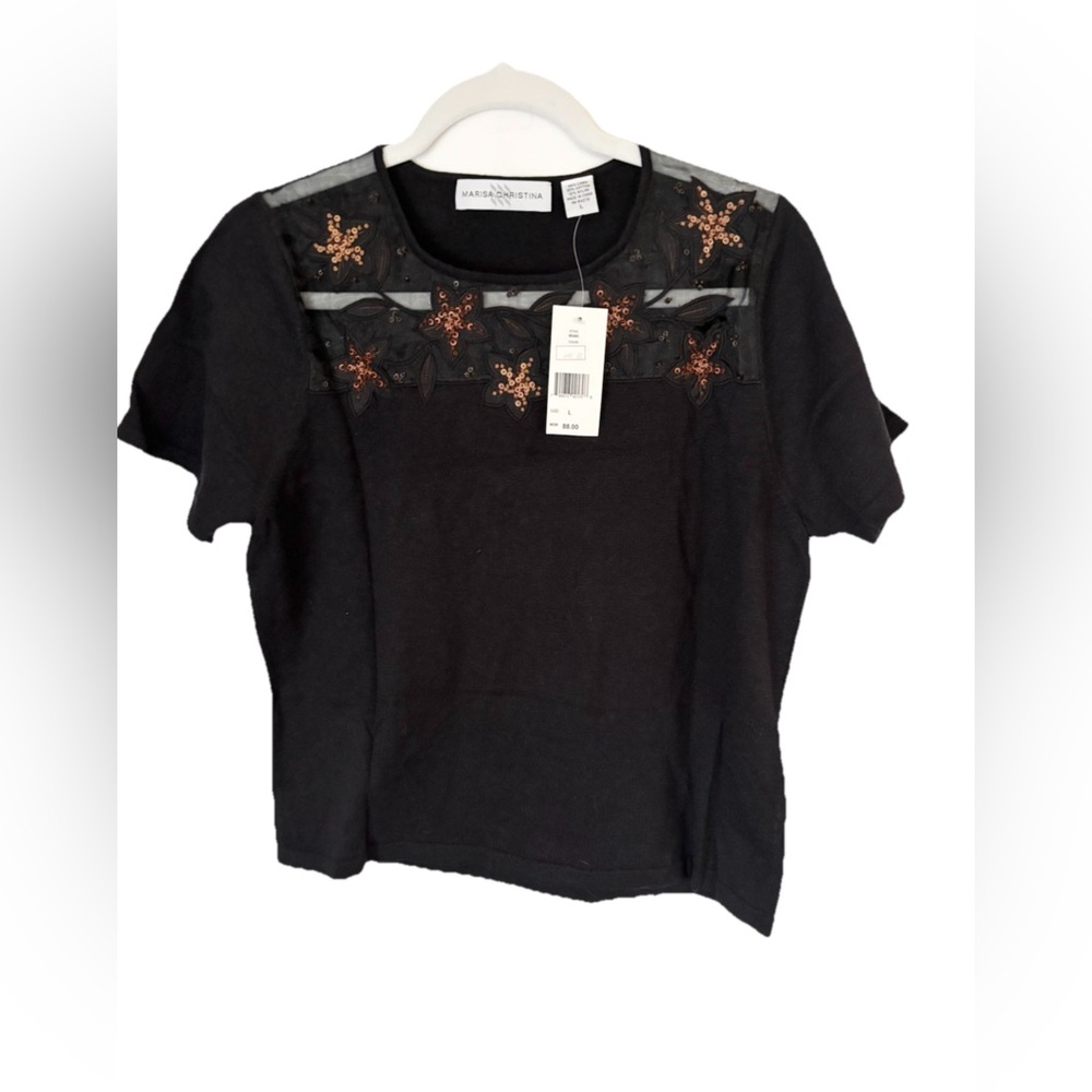 Marisa Christina Black linen Top with Gold Embroidery